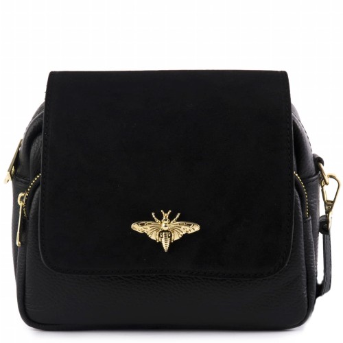 Czarna skórzana torebka z zamszową klapką ze złotym zapięciem w kształcie pszczoły