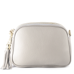 Szara skórzana listonoszka z frędzlem trzy zamki