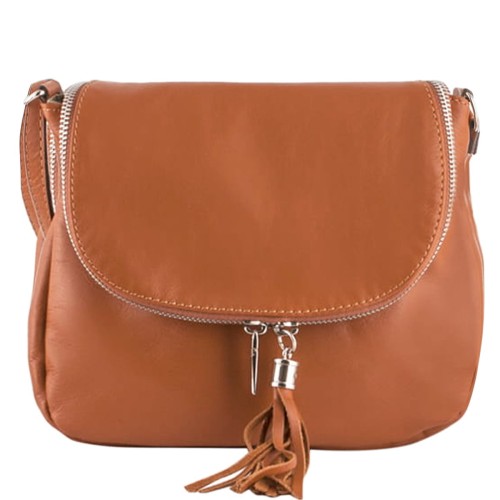 Skórzana torebka z klapką - camel