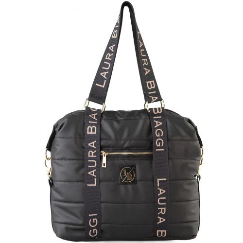 Czarna, pikowana torebka shopper Laura Biaggi