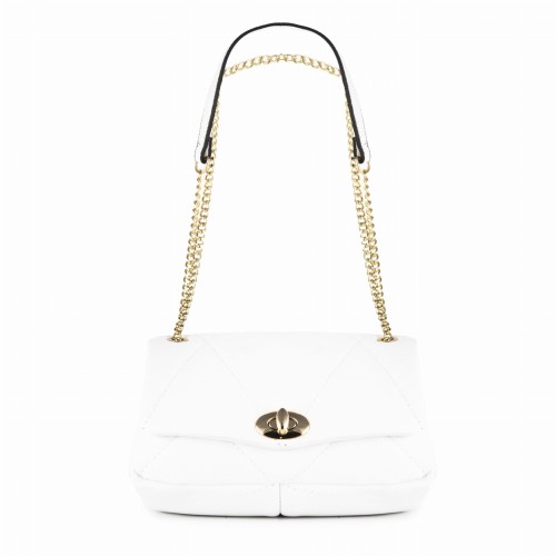 Biała pikowana torebka na łańcuszku z klapką ze skóry