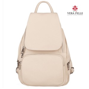 Włoski beżowy plecak z klapką i kieszonkami skóra naturalna (id 1445)