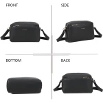 Zestawienie czterech widoków torebki: przód, bok, tył i spód listonoszki