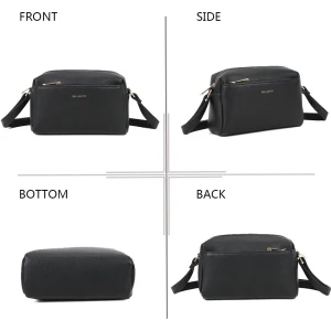 Zestawienie czterech widoków torebki: przód, bok, tył i spód listonoszki