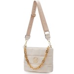 Beżowa, pikowana torebka Laura Biaggi ze złotym łańcuchem
