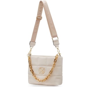 Beżowa, pikowana torebka Laura Biaggi ze złotym łańcuchem