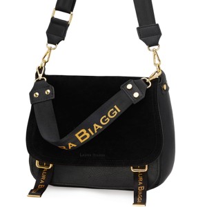Torebka listonoszka Laura Biaggi z zamszową klapką z ozdobnymi logowanymi taśmami