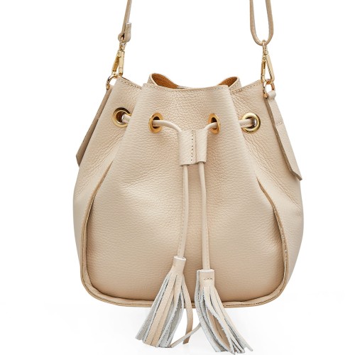 Skórzana torebka mały worek ze skóry - beżowy