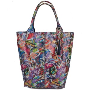 Skórzany Shopper - Worek - kolorowe motyle